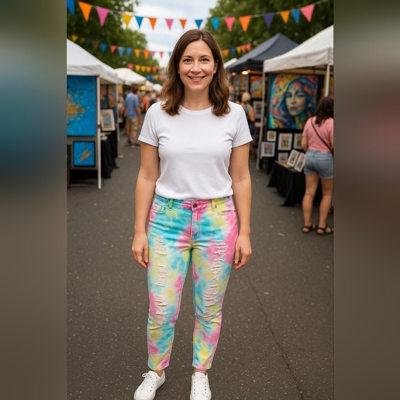 Medium Tie-Dye Distressed Women Jeans Festival Hippie Artsy Colorful Bright Fun - Picture 1 of 2